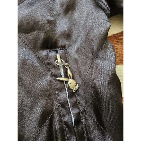 VINTAGE Playboy Y2K 90’s Black & White Silky Bomber Jacket Pockets Medium - Picture 4 of 7